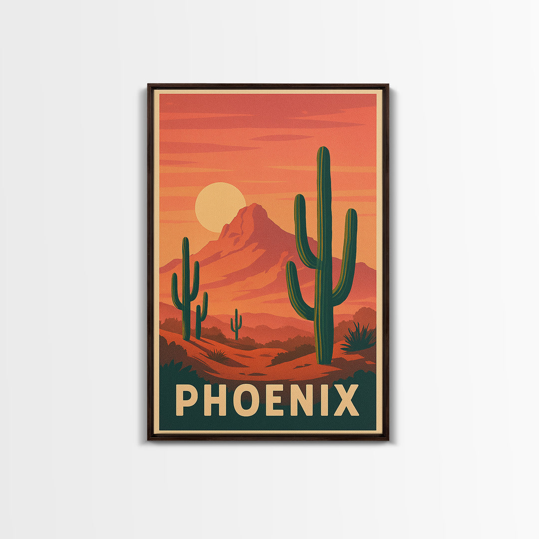 Phoenix Arizona Travel Poster, Framed Canvas Print, Retro Sunset Skyline Art, Phoenix Travel Art, Vintage Travel Print, Vintage City Poster