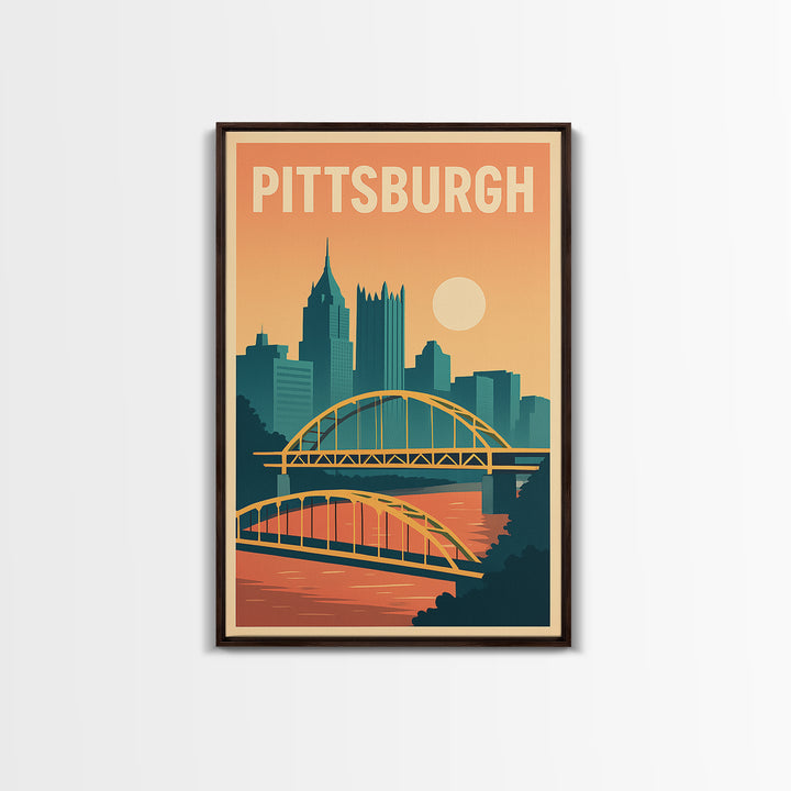 Pittsburgh Travel Poster, Framed Canvas Print, Mid Century City Wall Art, Pittsburgh Poster Print, Home Office Decor, Retro Travel Print