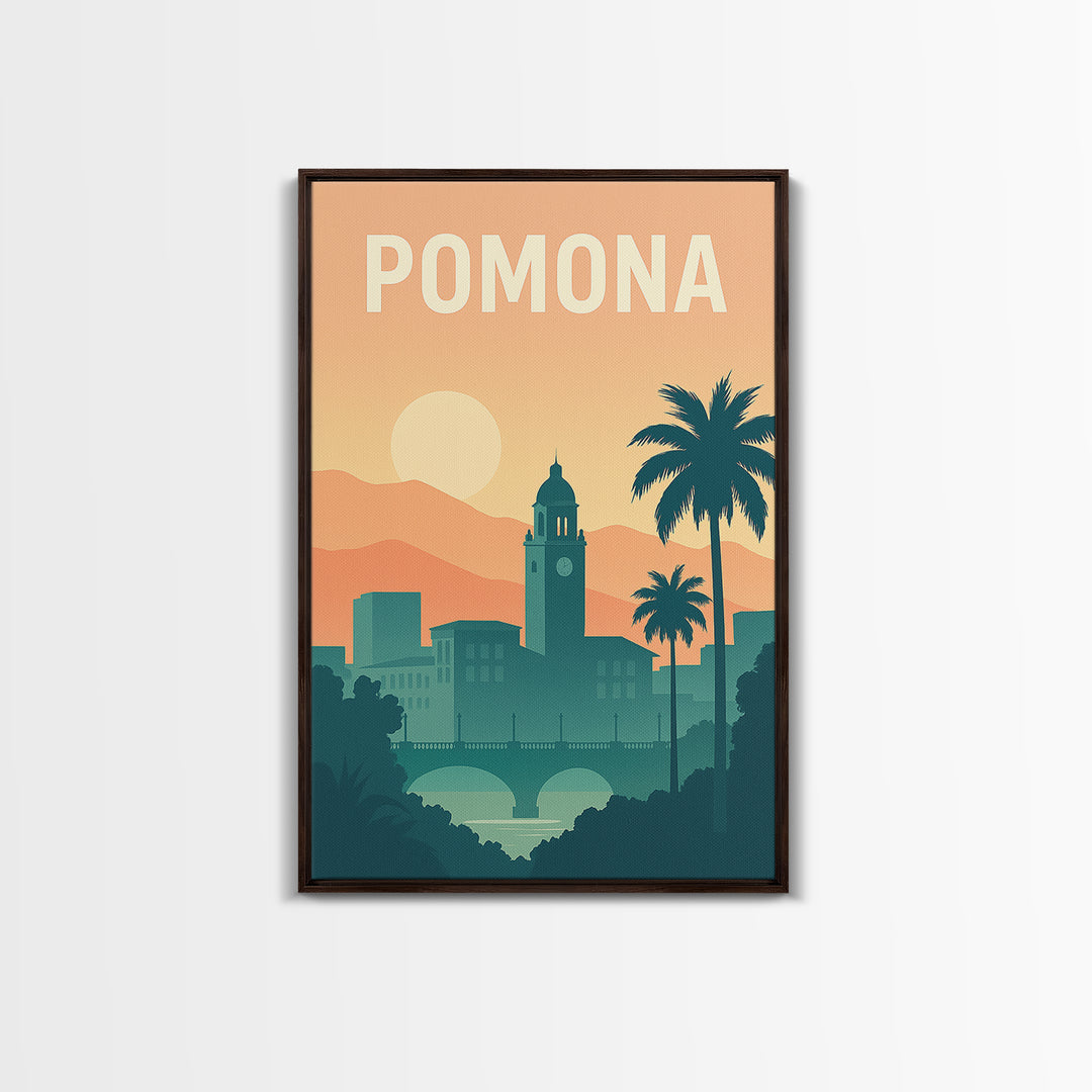 Pomona Travel Poster, Canvas Print, Retro Sunset Skyline Art, Pomona Travel Art, City Illustration, City Art Print, Travel Poster Art