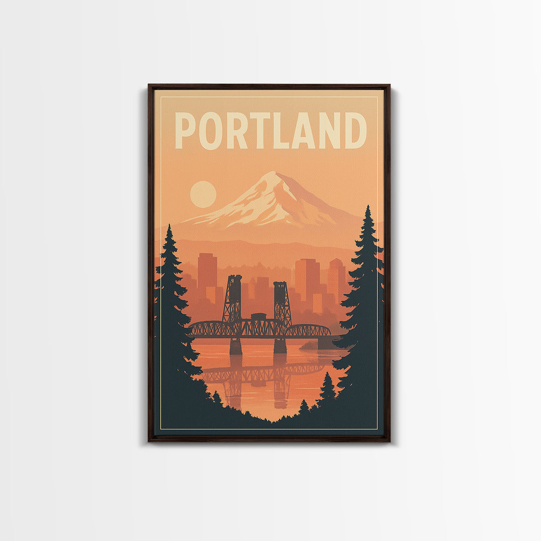 Portland Oregon Travel Poster, Framed Canvas Print, Retro Sunset Skyline Art, Portland Travel Art, City Illustration, Travel Poster Art