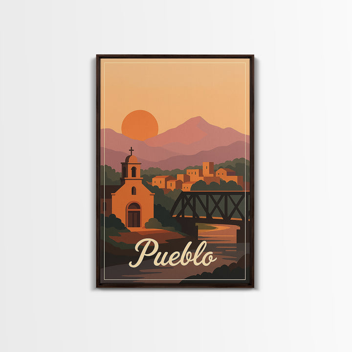 Pueblo Colorado Travel Poster, Canvas Print, Retro Sunset Skyline Art, Pueblo Wall Art, Retro Travel Print, Modern Wall Decor, Travel Gift
