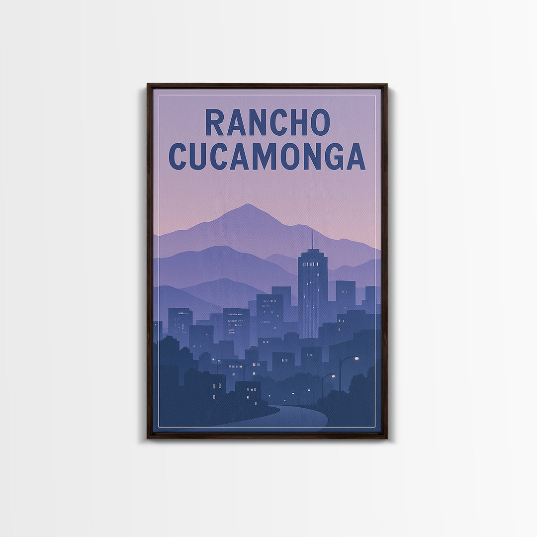 Rancho Cucamonga California Travel Poster, Framed Canvas Print, Retro Sunset Skyline Art, Rancho Cucamonga Poster Print, Eclectic Wall Decor