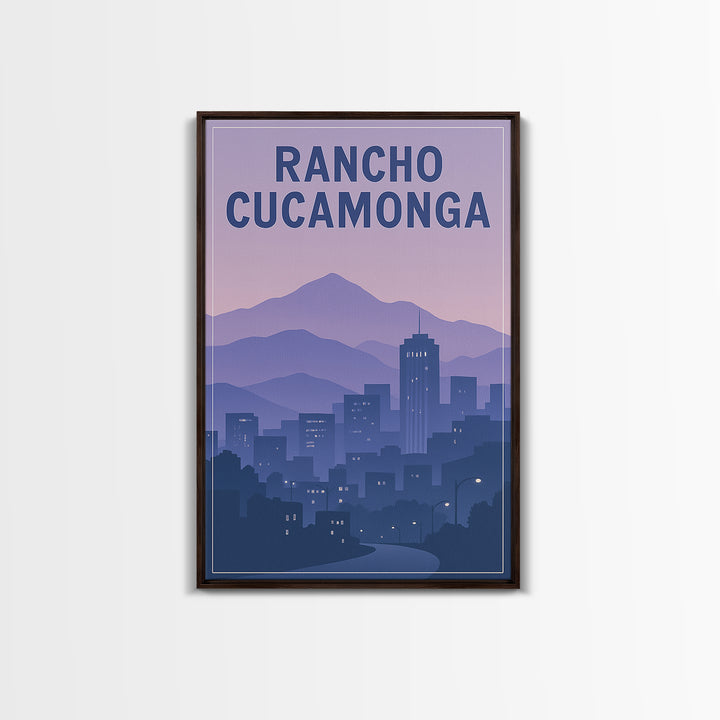 Rancho Cucamonga California Travel Poster, Framed Canvas Print, Retro Sunset Skyline Art, Rancho Cucamonga Poster Print, Eclectic Wall Decor