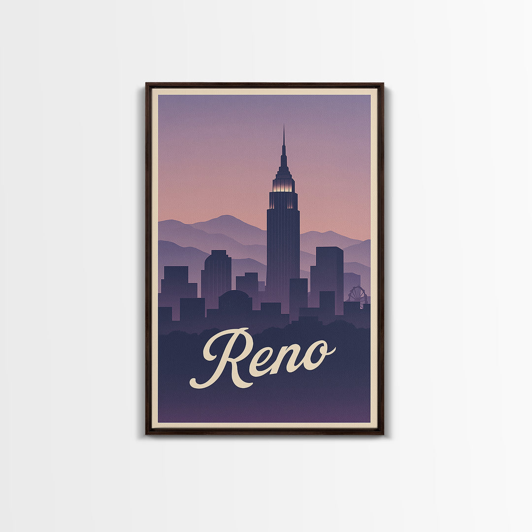 Reno Travel Poster, Canvas Print, Retro Sunset Skyline Art, Reno Art Print, City Illustration, Wanderlust Decor, Mid Century Wall Art