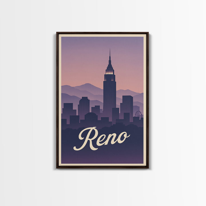 Reno Travel Poster, Canvas Print, Retro Sunset Skyline Art, Reno Art Print, City Illustration, Wanderlust Decor, Mid Century Wall Art