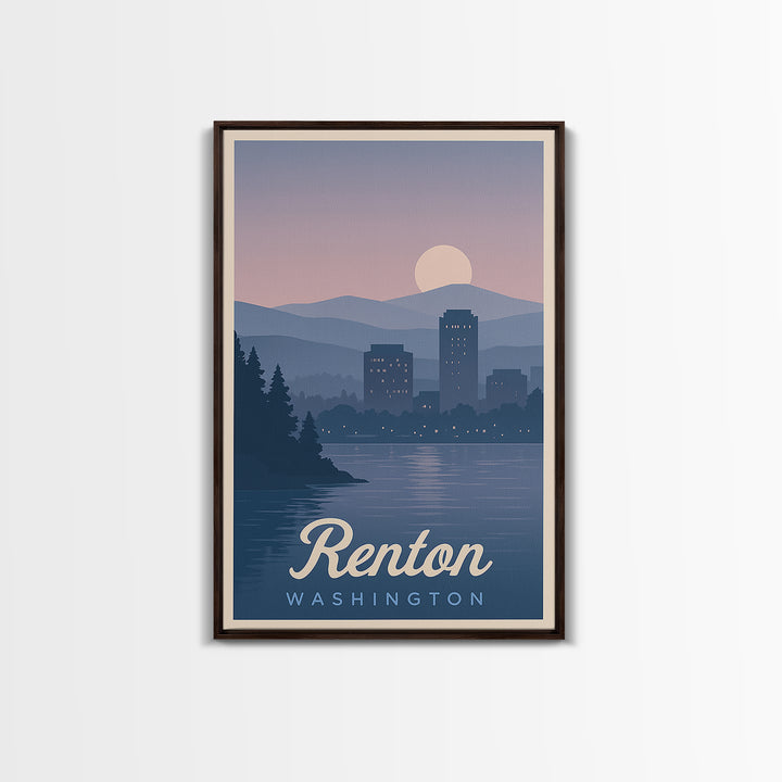 Renton Travel Poster, Framed Canvas Print, Mid Century City Wall Art, Renton Wall Art, Home Office Decor, Travel Wall Decor, Art Print