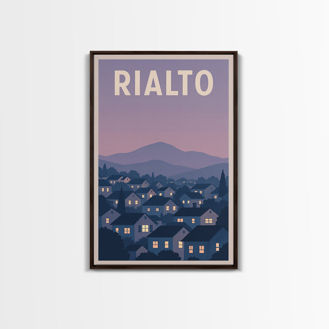 Rialto Travel Poster, Framed Canvas Print, Retro Sunset Skyline Art, Rialto Wall Art, Watercolor Skyline Art, Travel Poster Art, Design 2