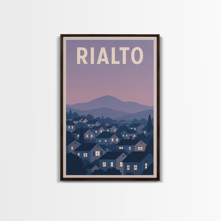 Rialto Travel Poster, Framed Canvas Print, Retro Sunset Skyline Art, Rialto Wall Art, Watercolor Skyline Art, Travel Poster Art, Design 2