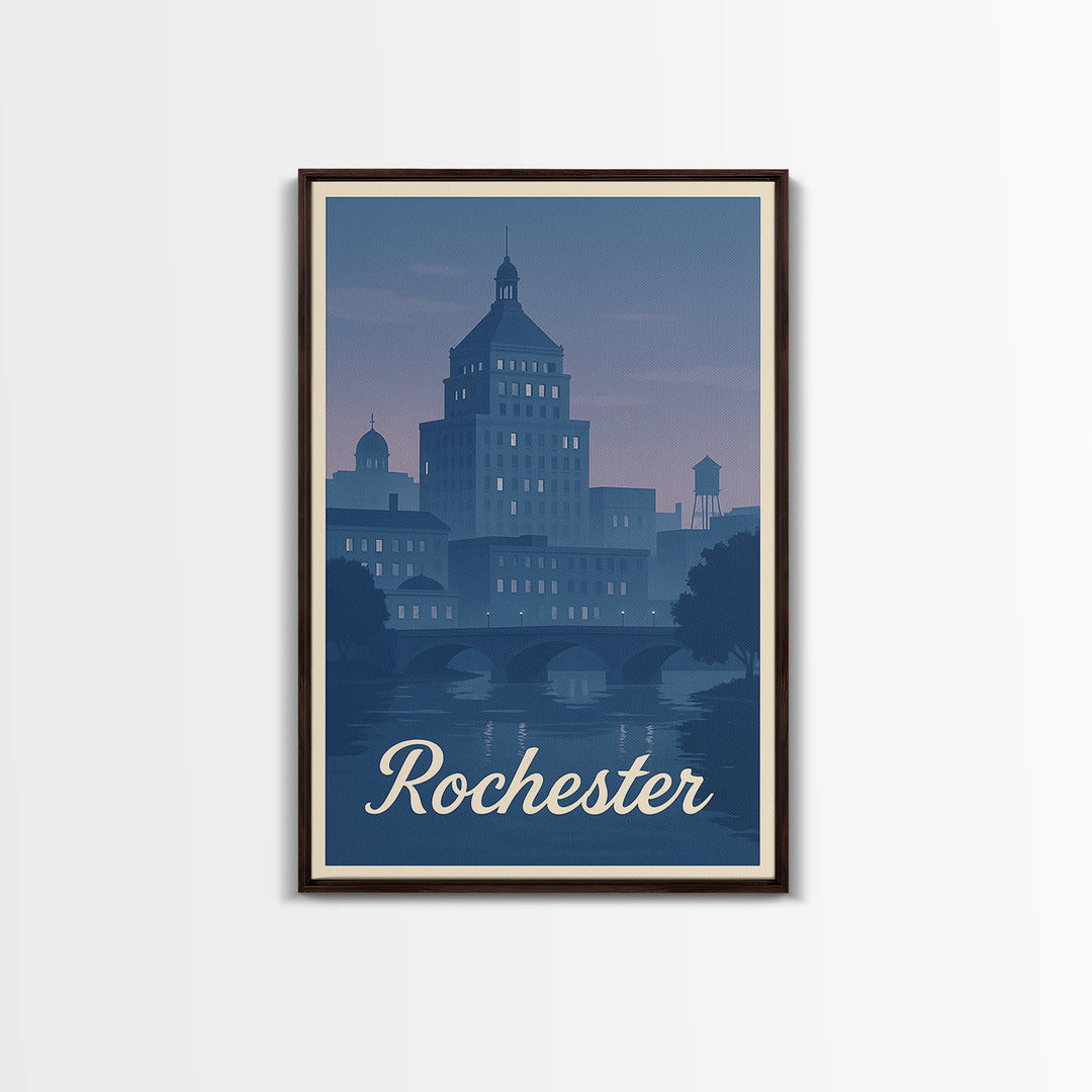 Rochester Travel Poster, Framed Canvas Print, Vintage Travel Poster Art, Rochester City Art, City Travel Prints, Vintage City Poster