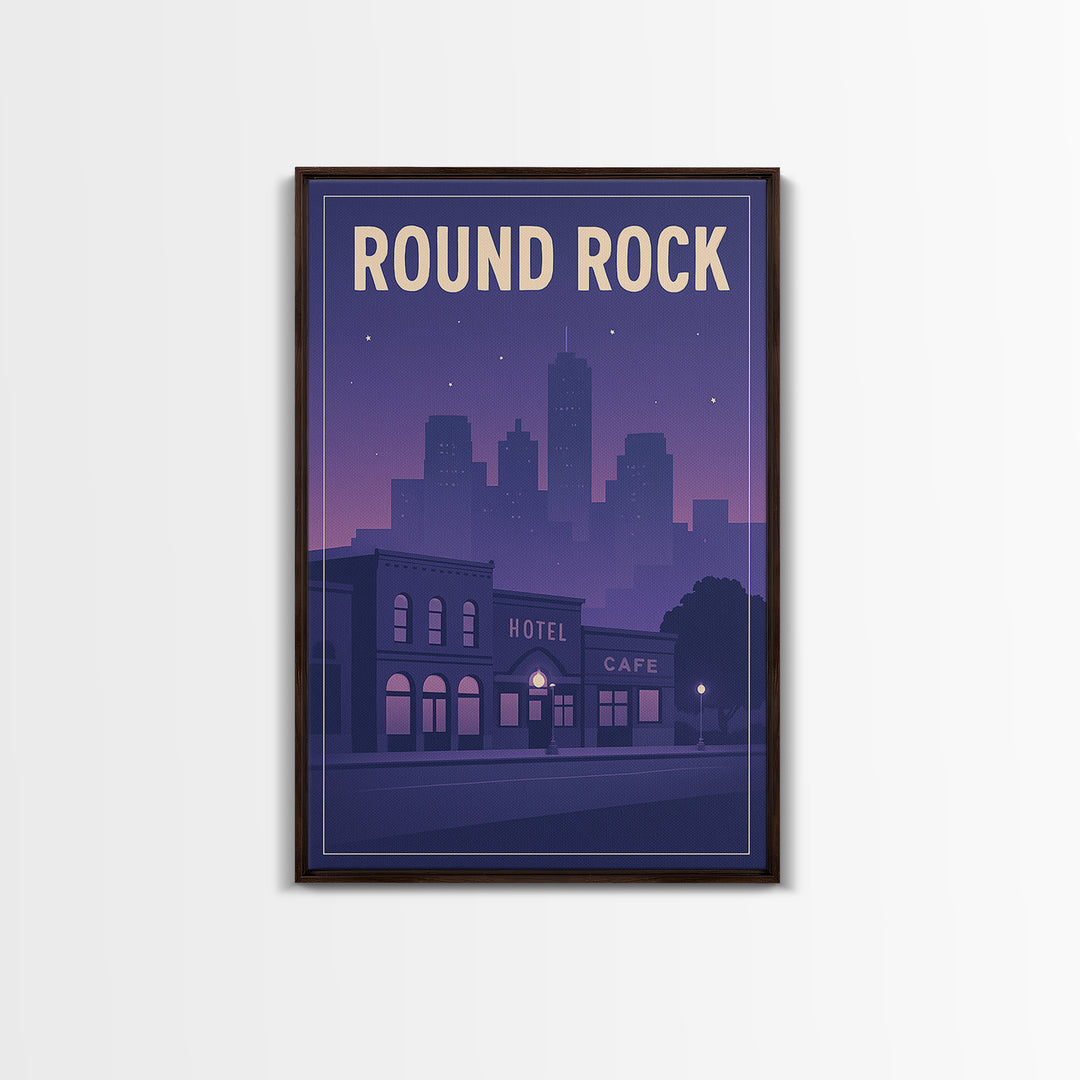 Round Rock Travel Poster, Framed Canvas Print, Retro Sunset Skyline Art, Round Rock Poster Print, Travel Art Print, Living Room Wall Art