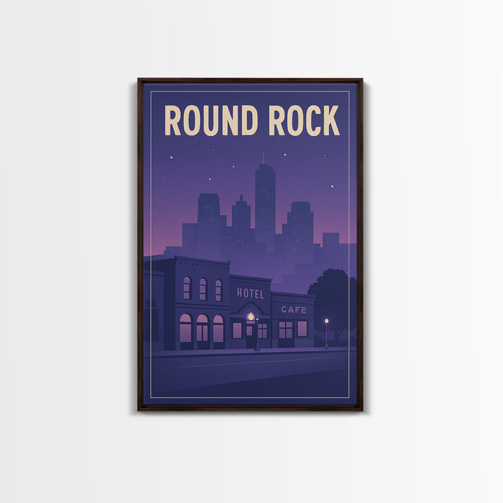 Round Rock Travel Poster, Framed Canvas Print, Retro Sunset Skyline Art, Round Rock Poster Print, Travel Art Print, Living Room Wall Art
