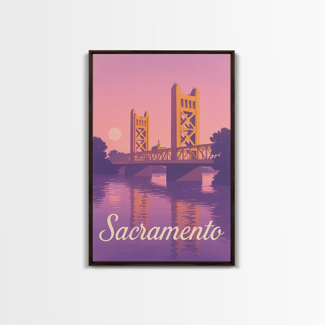 Sacramento Travel Poster, Canvas Print, Retro Sunset Skyline Art, Sacramento Art Print, Mid Century Wall Art, Gift For Travelers