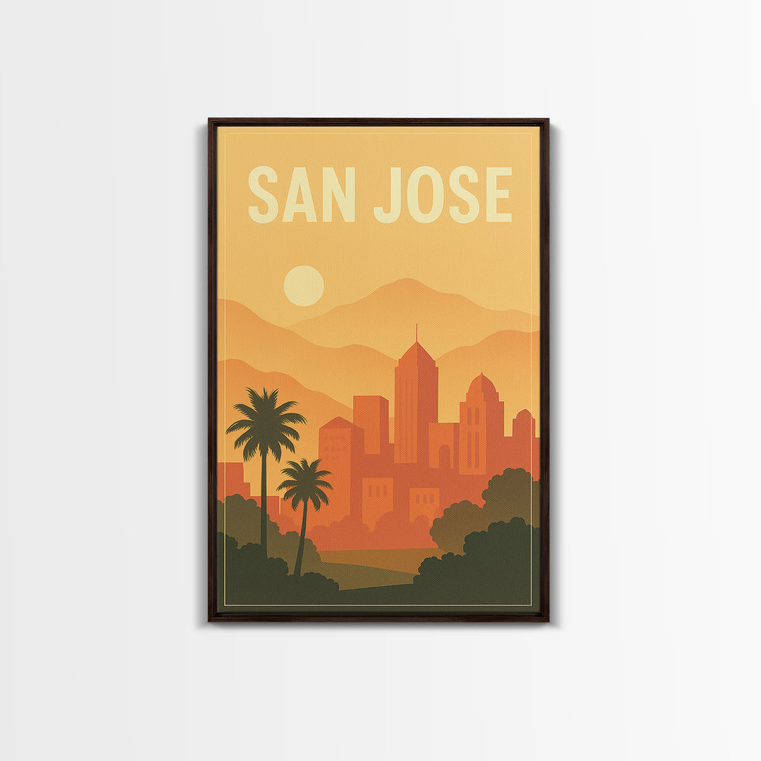 San Jose California Travel Poster, Framed Canvas Print, Retro Sunset Skyline Art, San Jose Poster Print, Fine Art Print, Vintage City Art