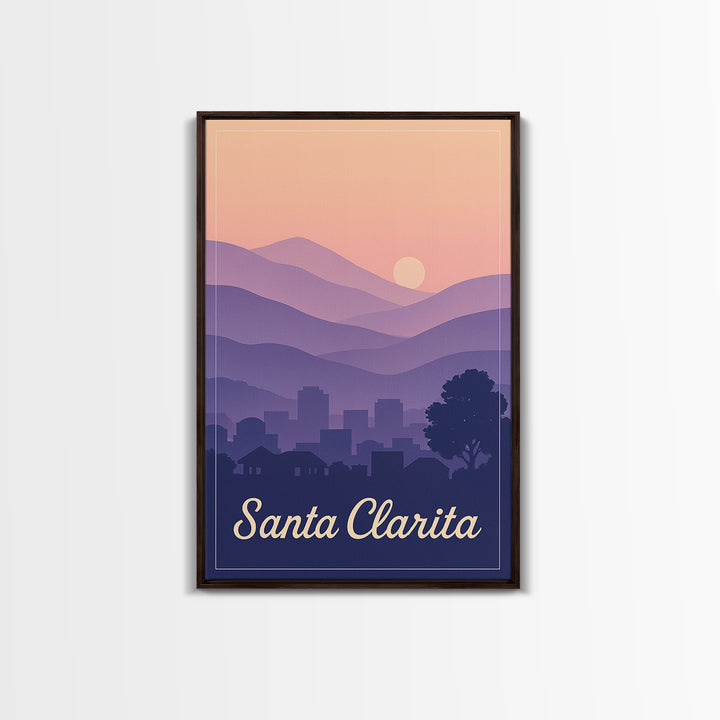 Santa Clarita Travel Poster, Framed Canvas Print, Retro Sunset Skyline Art, Santa Clarita Art Print, Travel Wall Decor, Modern Wall Decor