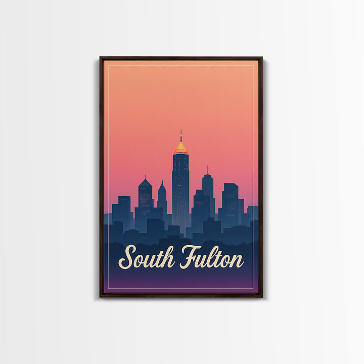 South Fulton Georgia Travel Poster, Canvas Print, Retro Sunset Skyline Art, South Fulton Wall Art, Gift For Travelers, Mid Century Wall Art
