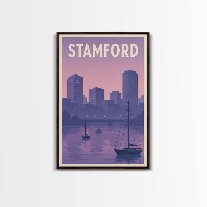 Stamford Travel Poster, Framed Canvas Print, Mid Century City Wall Art, Stamford Travel Art, Travel Poster Art, City Illustration