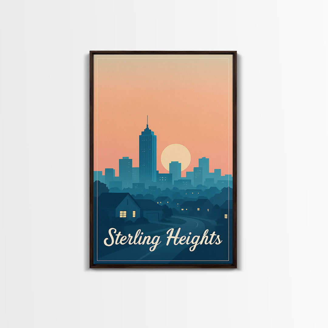Sterling Heights Michigan Travel Poster, Framed Canvas Print, Retro Sunset Skyline Art, Sterling Heights Wall Art, City Travel Prints