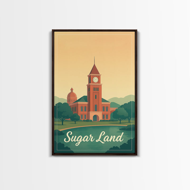 Sugar Land Texas Travel Poster, Framed Canvas Print, Mid Century City Wall Art, Sugar Land Travel Art, Travel Poster Art, Gift For Travelers