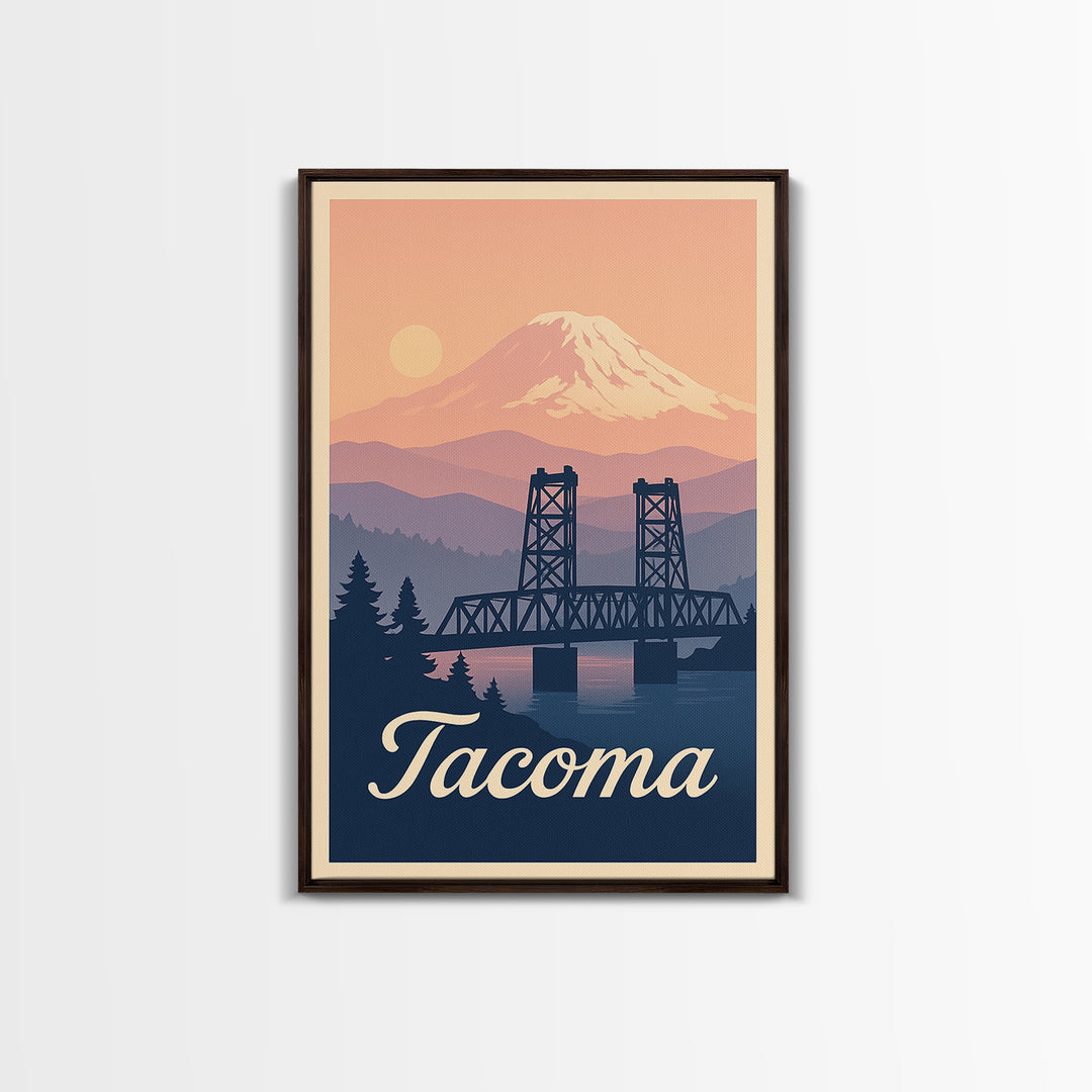 Tacoma Washington Travel Poster, Framed Canvas Print, Retro Sunset Skyline Art, Tacoma Poster Print, Eclectic Wall Decor, City Travel Prints