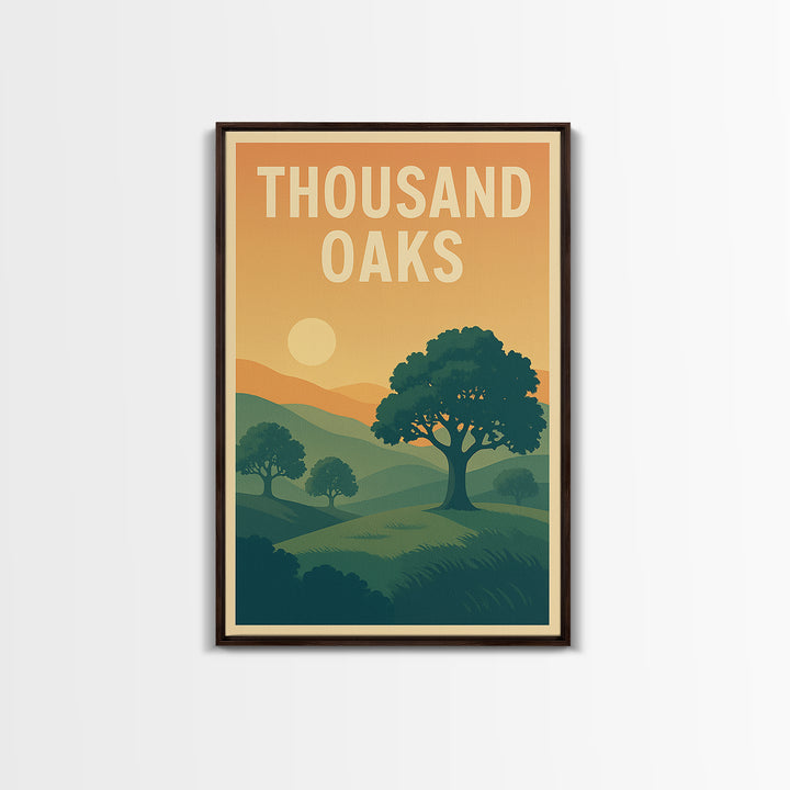 Thousand Oaks Travel Poster, Framed Canvas Print, Retro Sunset Skyline Art, Thousand Oaks Art Print, Vintage City Poster, Retro Travel Print