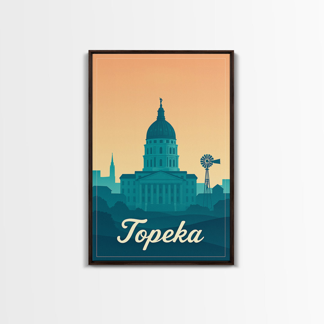 Topeka Kansas Travel Poster, Canvas Print, Retro Sunset Skyline Art, Topeka City Art, Gift For Travelers, Wall Art, Travel Art Print