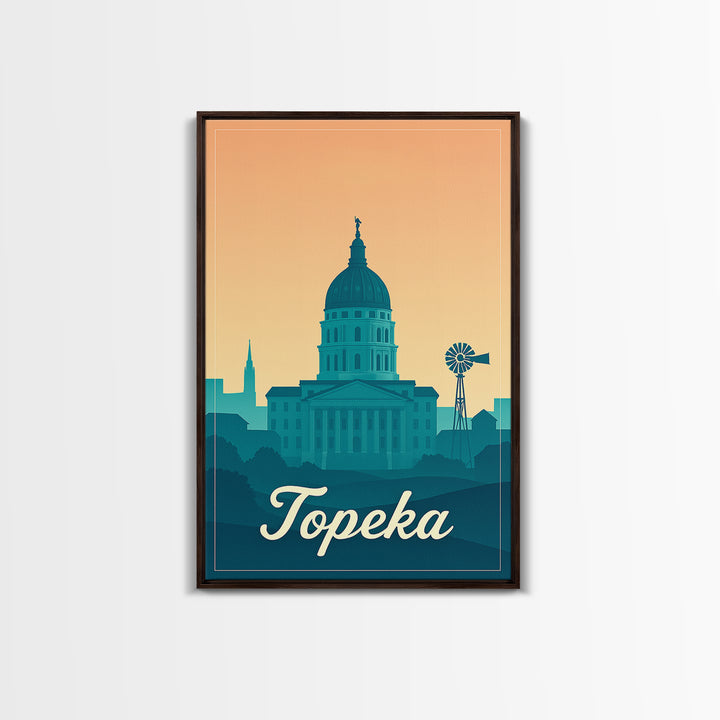 Topeka Kansas Travel Poster, Canvas Print, Retro Sunset Skyline Art, Topeka City Art, Gift For Travelers, Wall Art, Travel Art Print