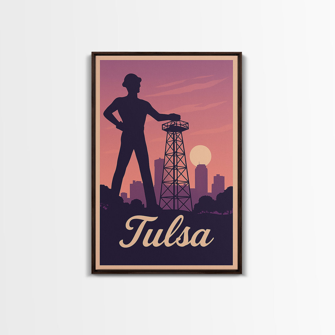 Tulsa Travel Poster, Framed Canvas Print, Retro Sunset Skyline Art, Tulsa Poster Print, Retro Travel Print, City Art Print, Travel Decor