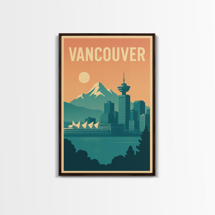 Vancouver Travel Poster, Canvas Print, Retro Sunset Skyline Art, Vancouver Wall Art, City Art Print, Vintage City Art, Fine Art Print