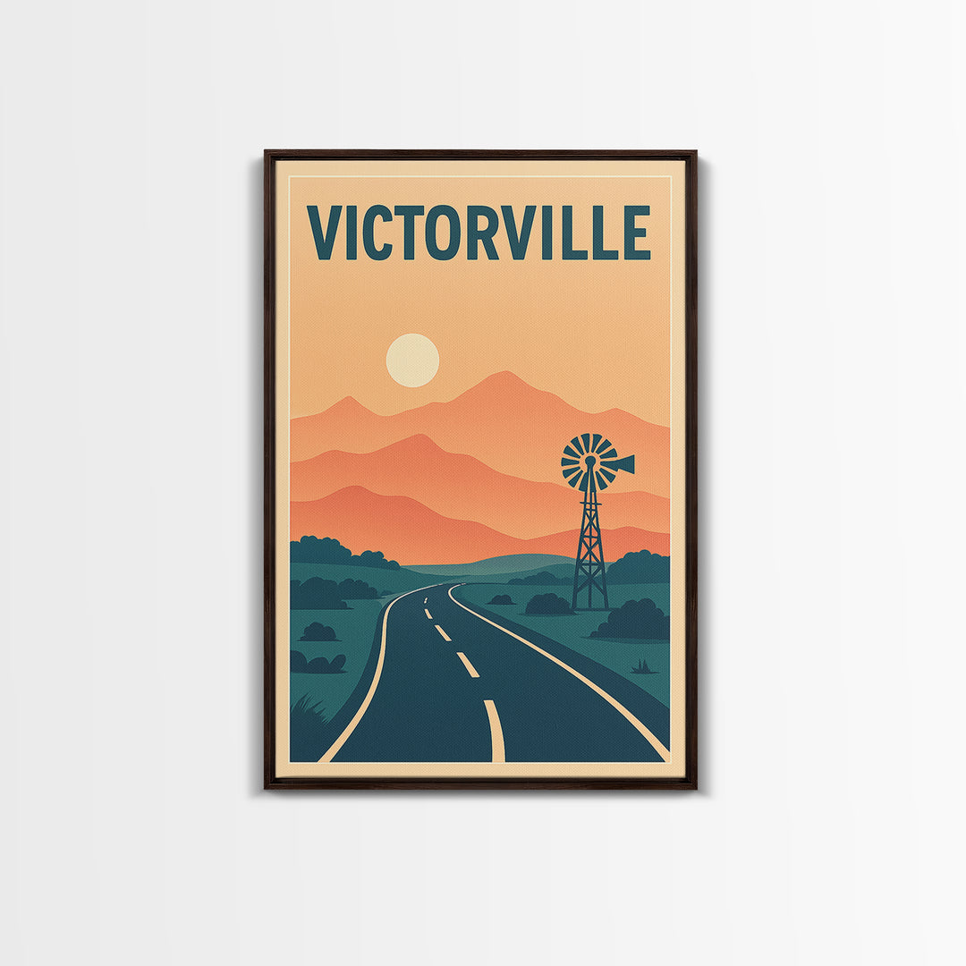 Victorville Travel Poster, Framed Canvas Print, Retro Sunset Skyline Art, Victorville Wall Art, City Art Print, Travel Poster Art