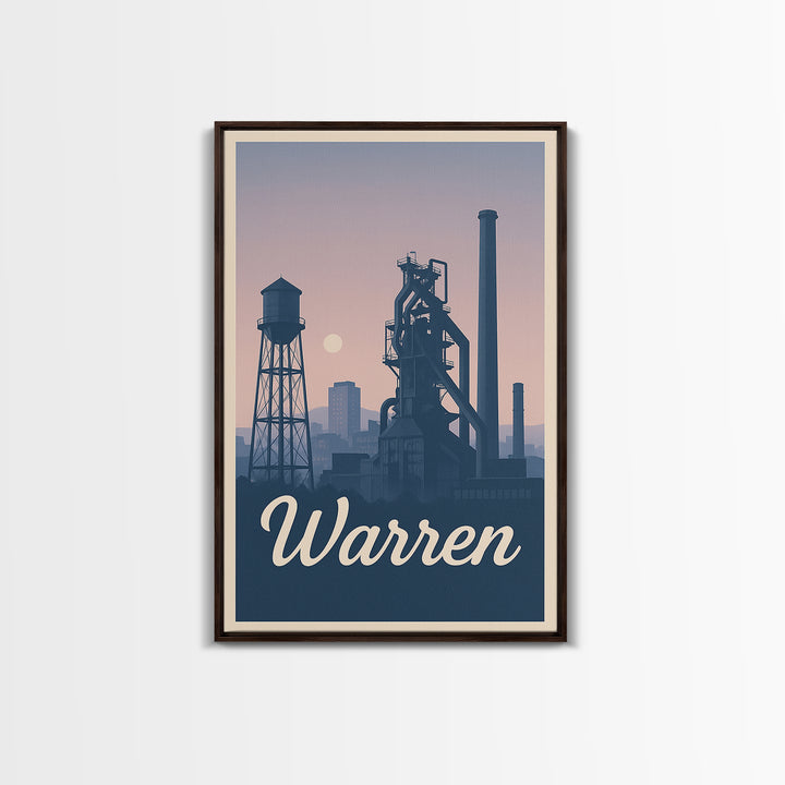 Warren Travel Poster, Framed Canvas Print, Retro Sunset Skyline Art, Warren City Art, Mid Century Wall Art, Modern Wall Decor, Design 2