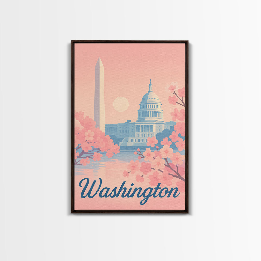 Washington Travel Poster, Framed Canvas Print, Retro Sunset Skyline Art, Washington Poster Print, Vintage City Poster, City Art Print