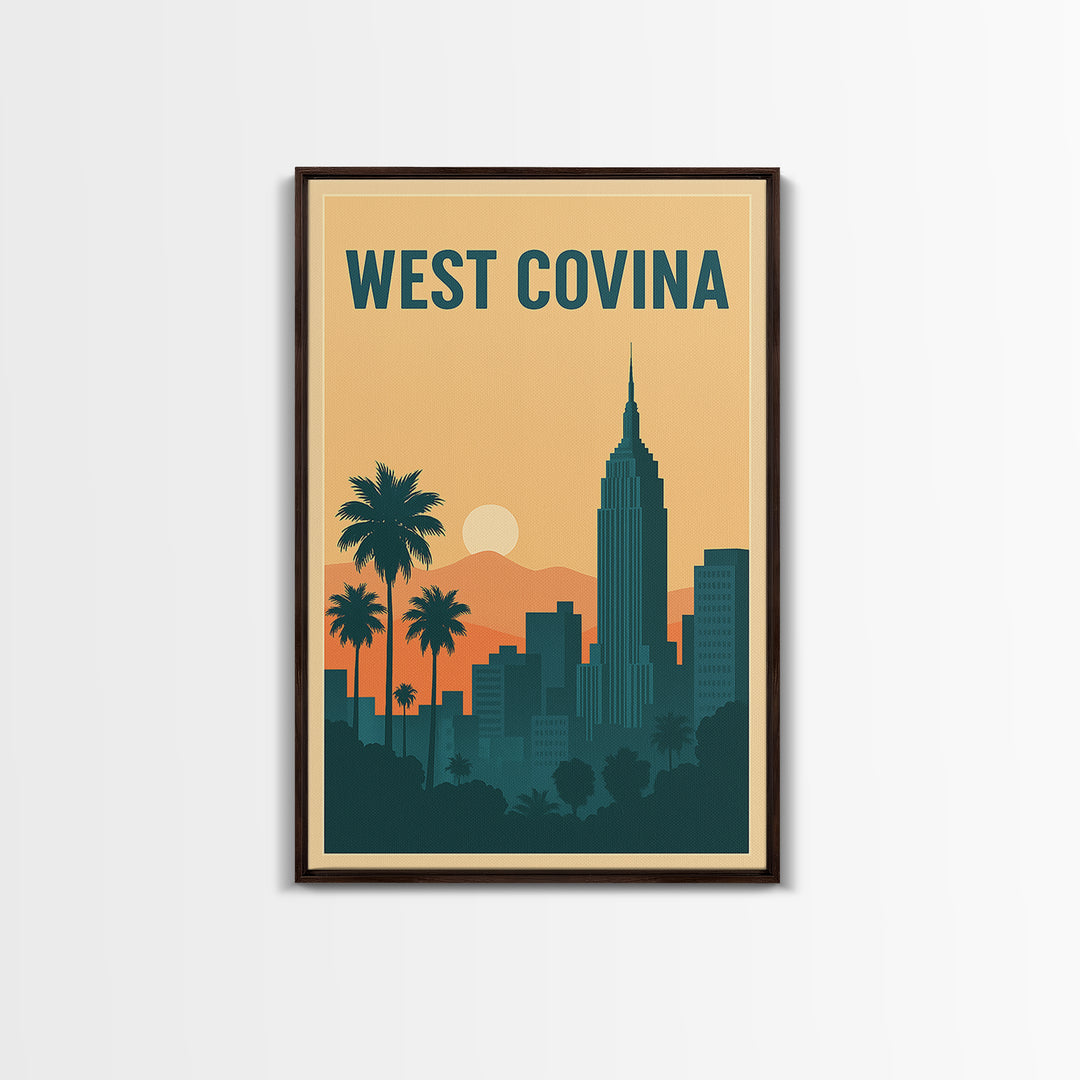 West Covina Travel Poster, Framed Canvas Print, Retro Sunset Skyline Art, West Covina Poster Print, Eclectic Wall Decor, Home Office Decor