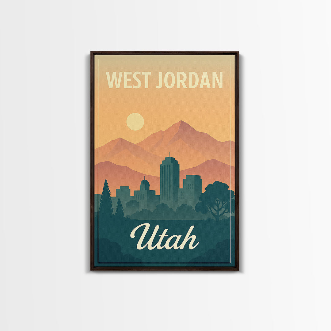 West Jordan Travel Poster, Framed Canvas Print, Retro Sunset Skyline Art, West Jordan Travel Art, City Illustration, Modern Wall Decor