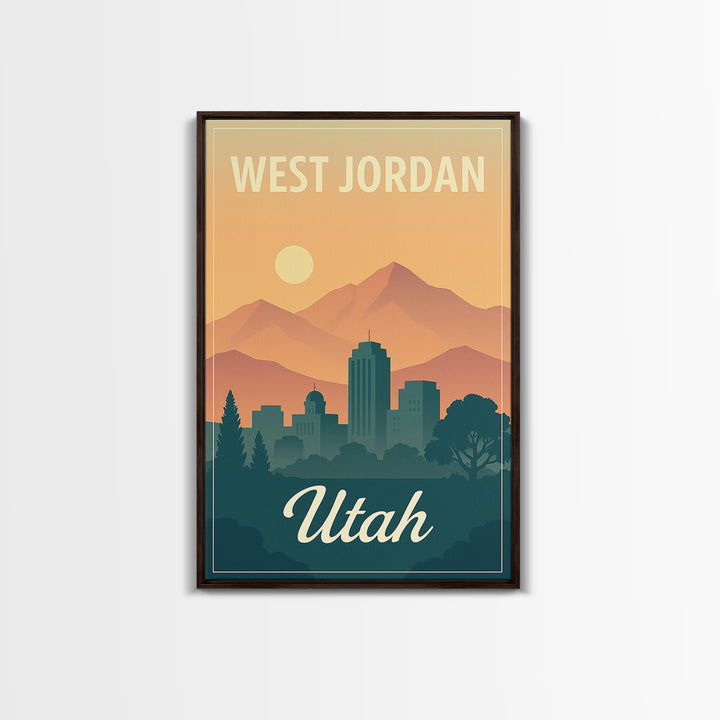 West Jordan Travel Poster, Framed Canvas Print, Retro Sunset Skyline Art, West Jordan Travel Art, City Illustration, Modern Wall Decor