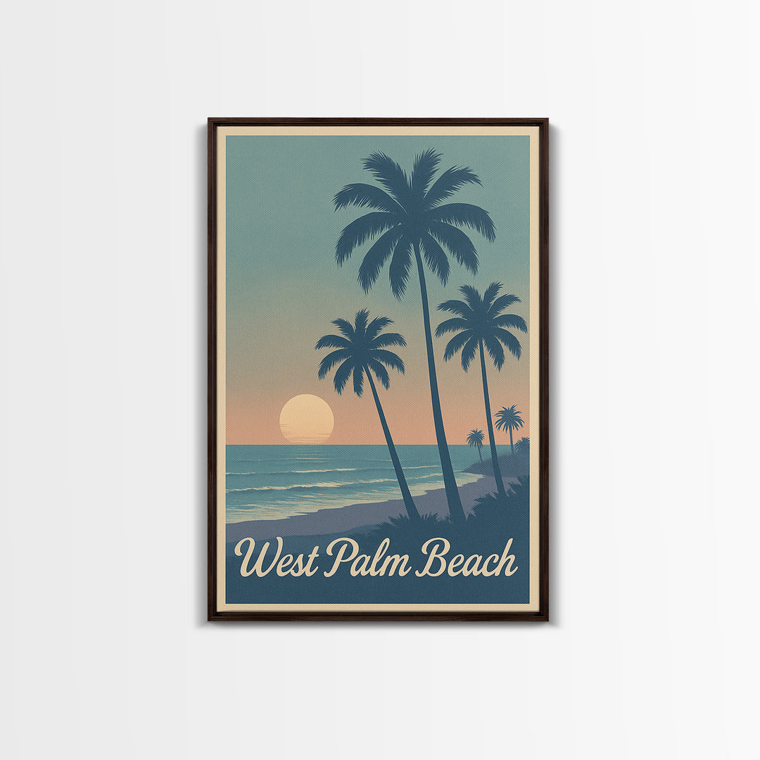 West Palm Beach Travel Poster, Framed Canvas Print, Retro Sunset Skyline Art, West Palm Beach Art Print, Fine Art Print, Travel Poster Art