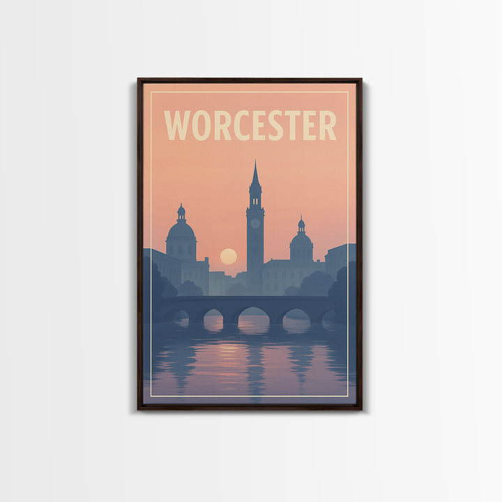 Worcester Massachusetts Travel Poster, Canvas Print, Sunset Skyline Art, Worcester Travel Art, Travel Poster Set, Watercolor City Skyline