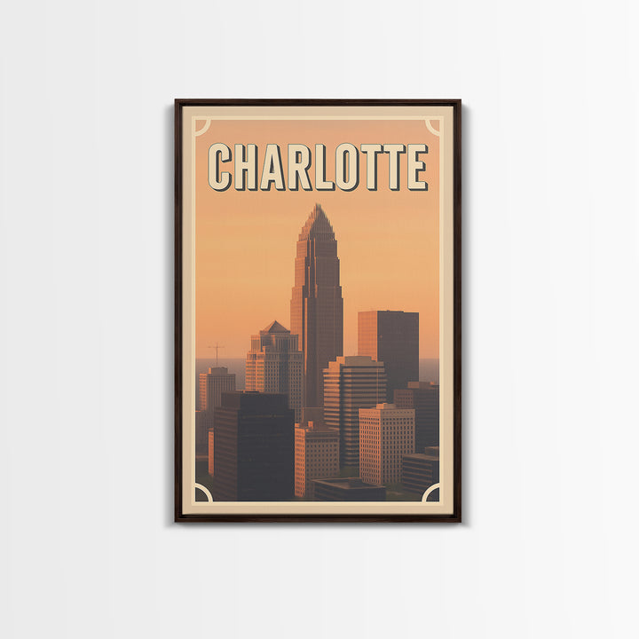 Charlotte Travel Poster, Framed Canvas Print, Vintage Theatre Style Art, Charlotte Poster Print, Gift For Travelers, Travel Poster Set
