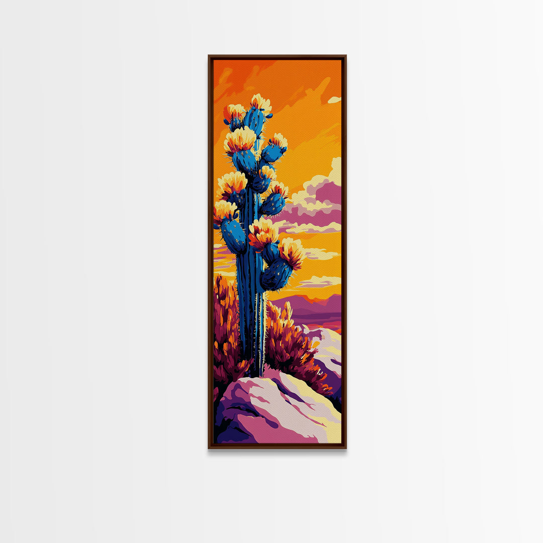 Blooming Cactus Sunset Canvas Print Southwest Wall Art Botanical Prints Vibrant Desert Painting Extra Wide Art