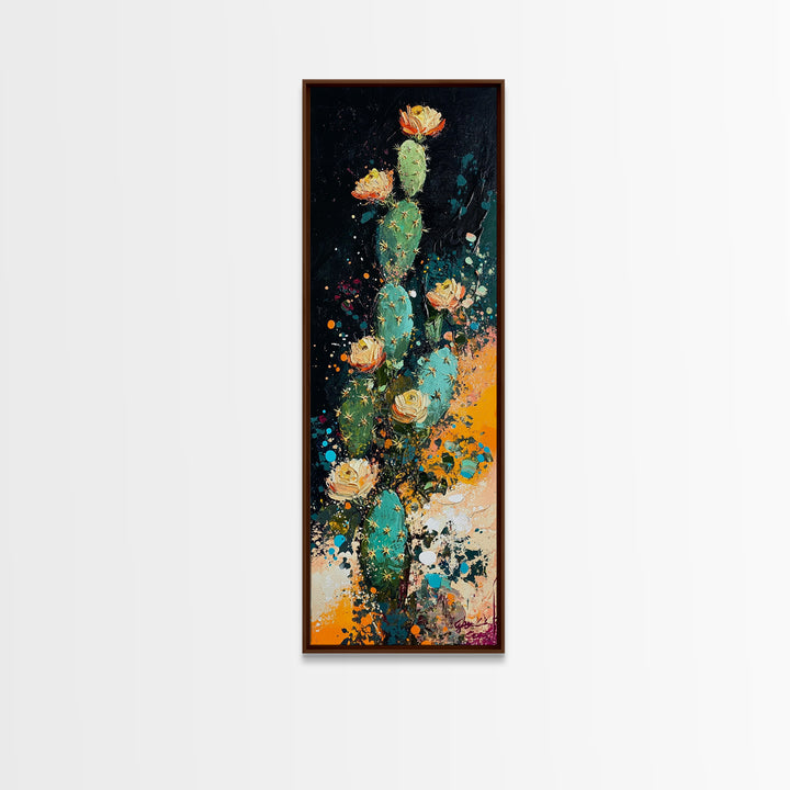 Desert Cactus Bloom Framed Canvas Print Southwest Wall Art Tall Narrow Art Rustic Decor Wildflower Painting