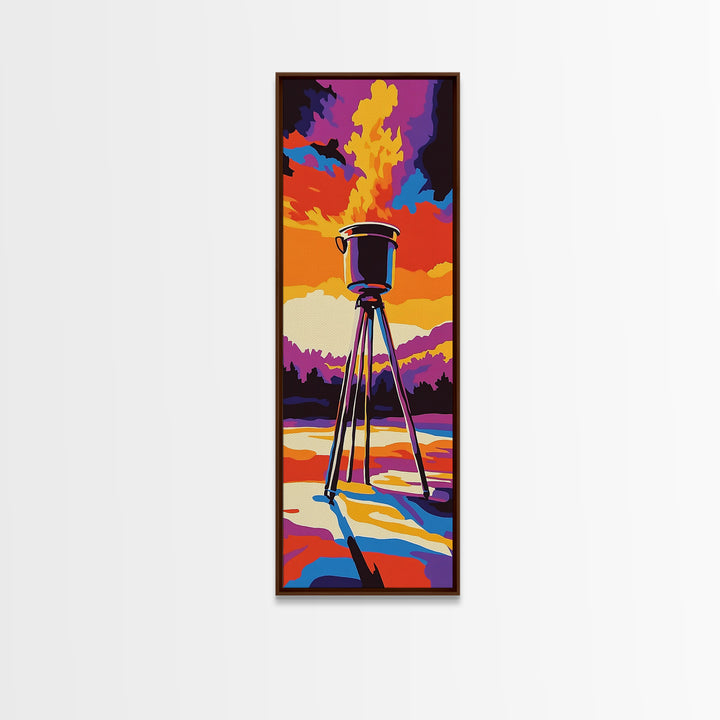 Campfire Under Sunset Framed Canvas Print Southwest Wall Art Rustic Art Moody Art Tall Skinny Art Living Room Art