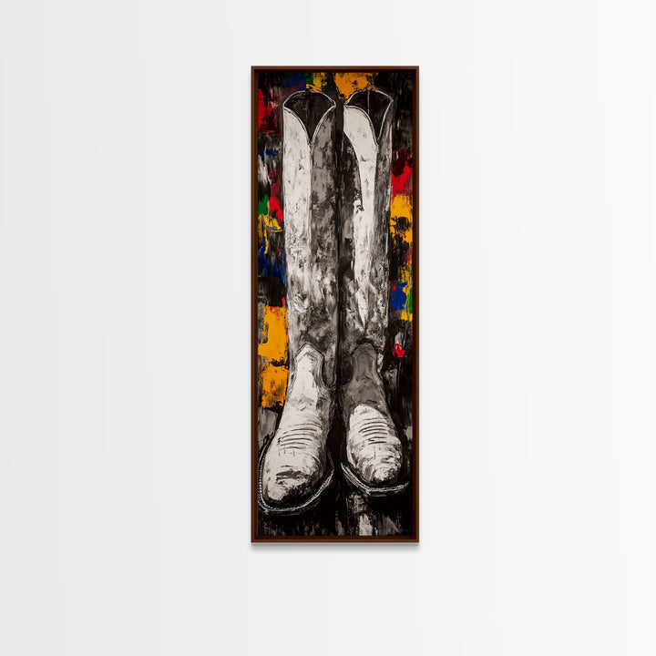 Black and White Cowboy Boots Framed Canvas Print, Rustic Wall Art, Western Art, Moody Art, Vintage Horse Art, Extra Wide Art