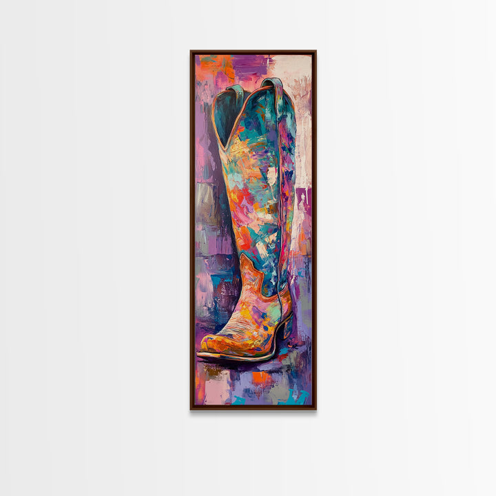 Colorful Cowboy Boot Oil Painting Framed Canvas Print, Whimsical Art, Rustic Wall Art, Extra Wide Art, Southwest Wall Art
