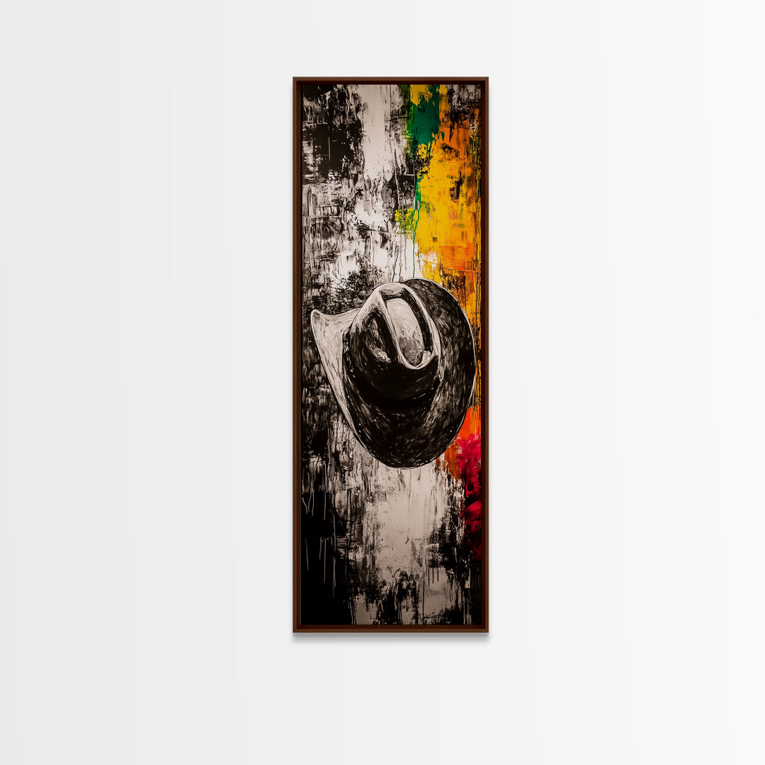Black and White Cowboy Hat Framed Canvas Print, Moody Art, Southwest Wall Art, Rustic Wall Art, Wabi Sabi Art, Extra Wide Art