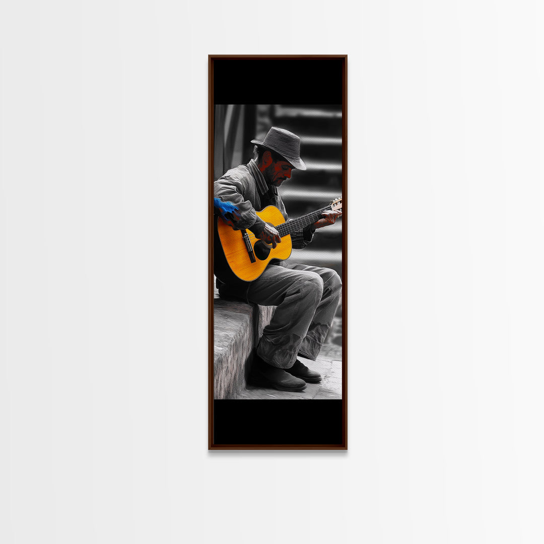 Street Musician with Guitar Framed Canvas Print | Moody Urban Wall Art | Rustic Decor | Music Art | Farmhouse Wall Art | Gift Idea