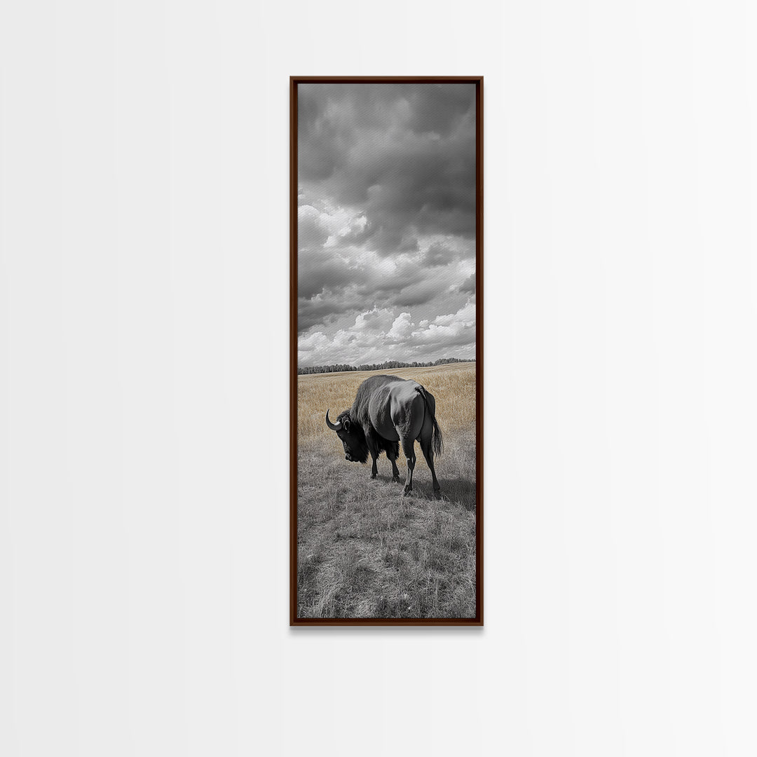 Lone Bison in Field Framed Canvas Print | Rustic Wall Art | Moody Art | Wildlife Painting | Farmhouse Decor | Southwest Wall Art | Gift Idea