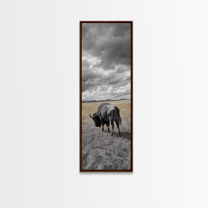 Lone Bison in Field Framed Canvas Print | Rustic Wall Art | Moody Art | Wildlife Painting | Farmhouse Decor | Southwest Wall Art | Gift Idea