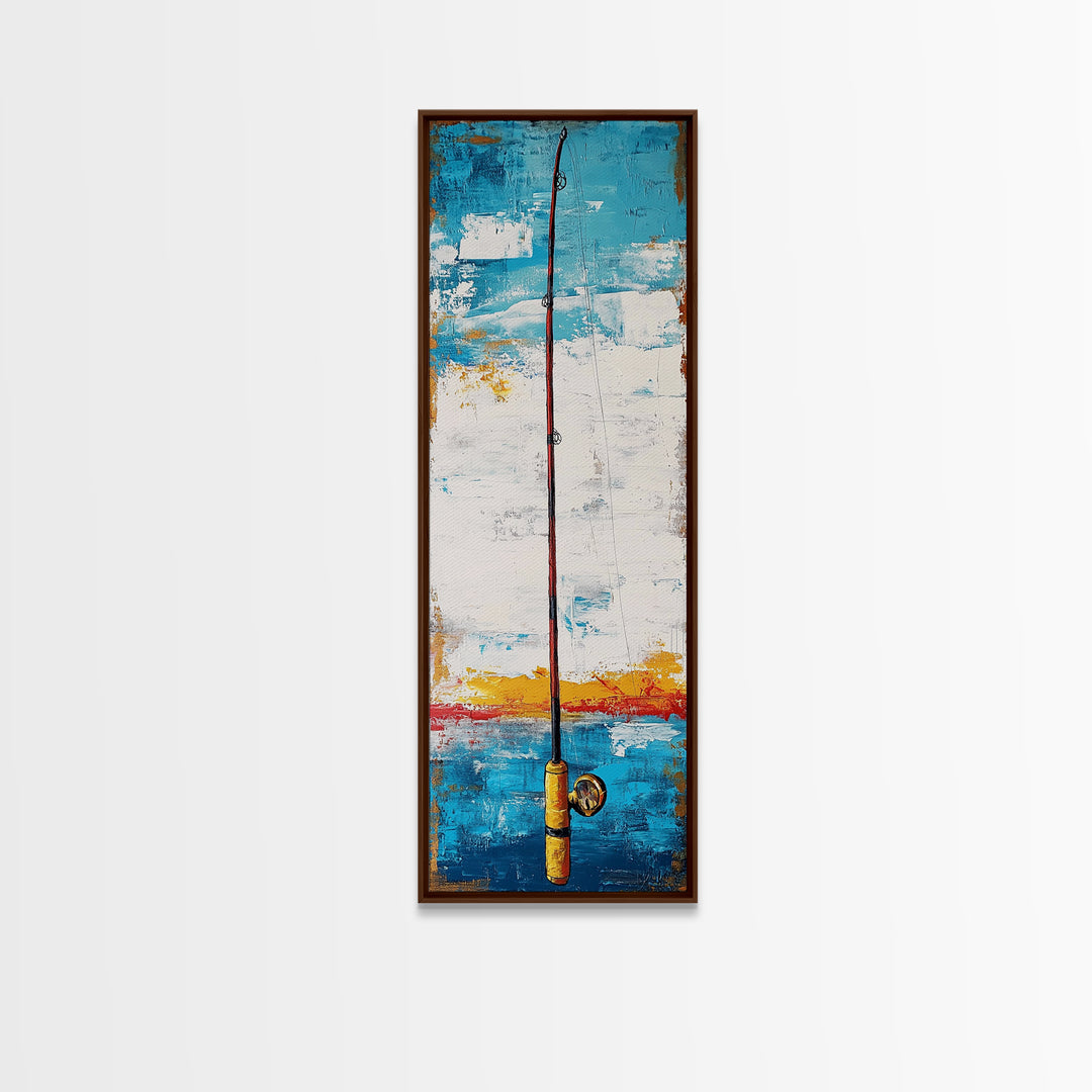 Fishing Rod Painting Canvas Print, Fly Fishing Art, Nautical Wall Art, Rustic Decor, Tall Narrow Art, Coastal Landscape Art, Above Couch Art, Fishing Wall Art, Nautical Decor, Farmhouse Art, Skinny Wall Art, Living Room Art, Gift Idea