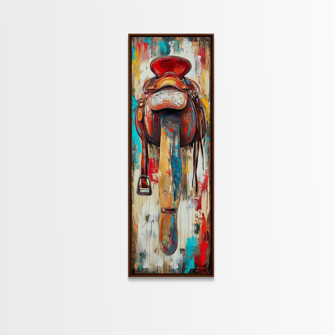 Rustic Saddle Painting Canvas Print Farmhouse Wall Art Moody Art Rustic Decor Southwest Wall Art Tall Narrow Art
