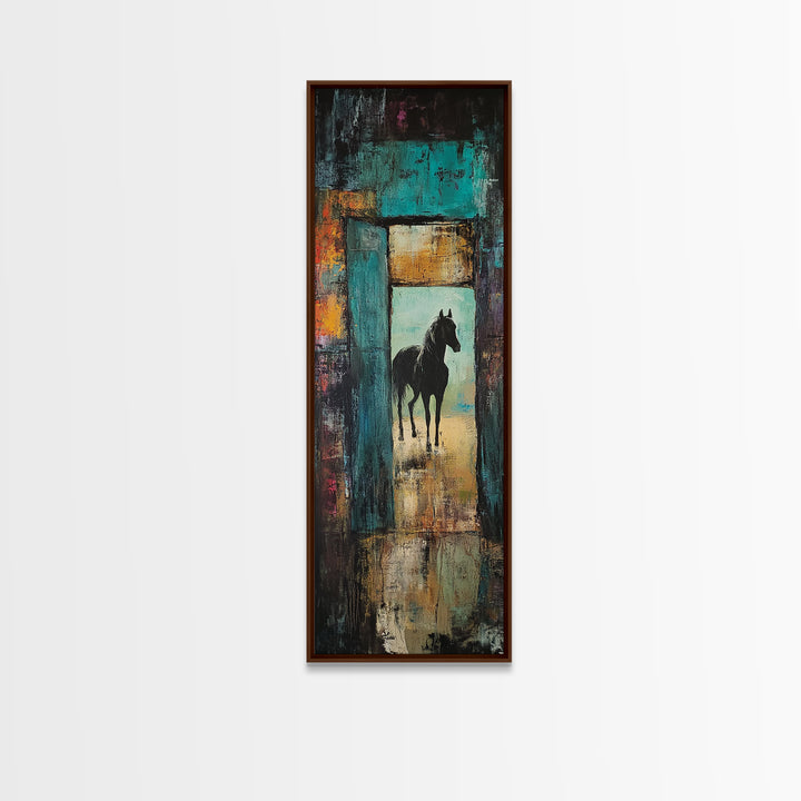 Mysterious Horse Silhouette Framed Canvas Print Moody Art Rustic Wall Art Southwest Wall Art Extra Tall Narrow Art