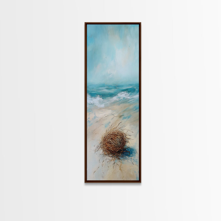 Serene Beach Nest Framed Canvas Print coastal landscape art wabi sabi wall art minimalist art nautical decor ocean painting seascape